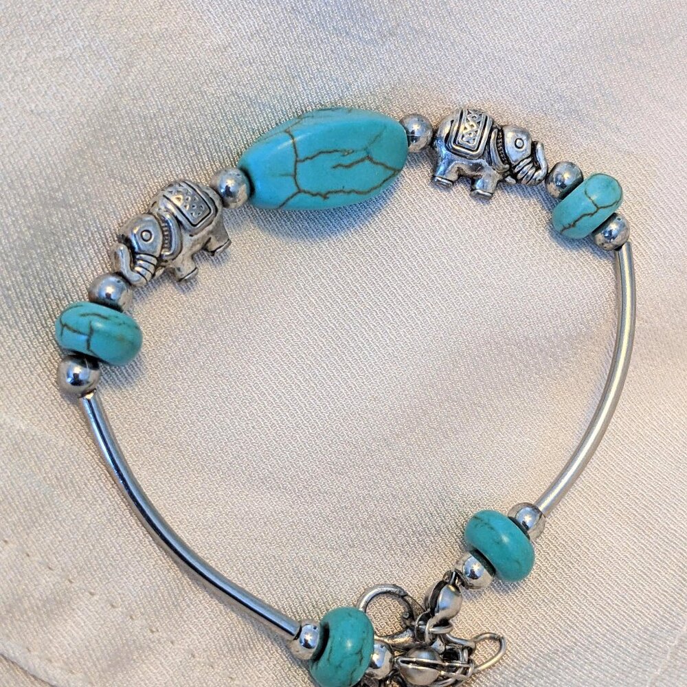 Elephant Charm Bohemian Style Turquoise Silver Bracelet